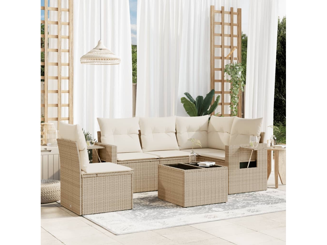 Vidaxl 6 Pcs Conjunto De Sofás P/ Jardim Com Almofadões Vime Pe Bege