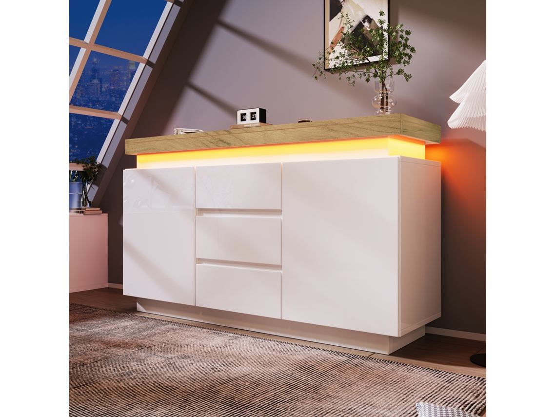 Cómoda, Aparador De Alto Brilho Com 2 Portas E 3 Gavetas, Iluminação Led (controlada Por Aplicação), Móvel Multifuncional Para Sala De Estar E Quarto.