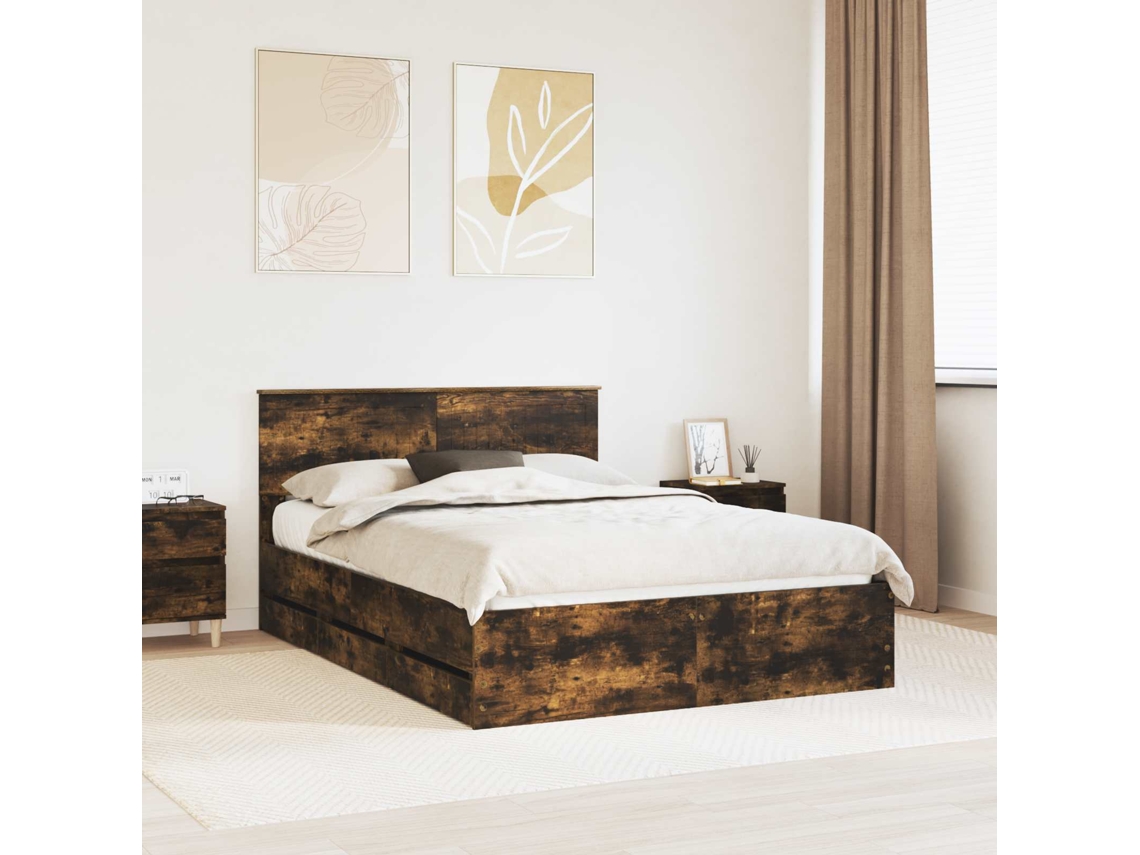 Vidaxl Estrutura Da Cama Com Gaveta Carvalho Defumado 140 X 200 Cm