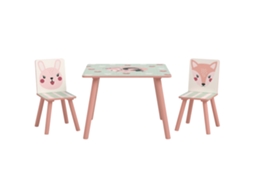 Conjunto mesa e cadeira infantil 3 peças, 3 a 8 anos, MDF pinho, desenho animal rosa BTFORUS