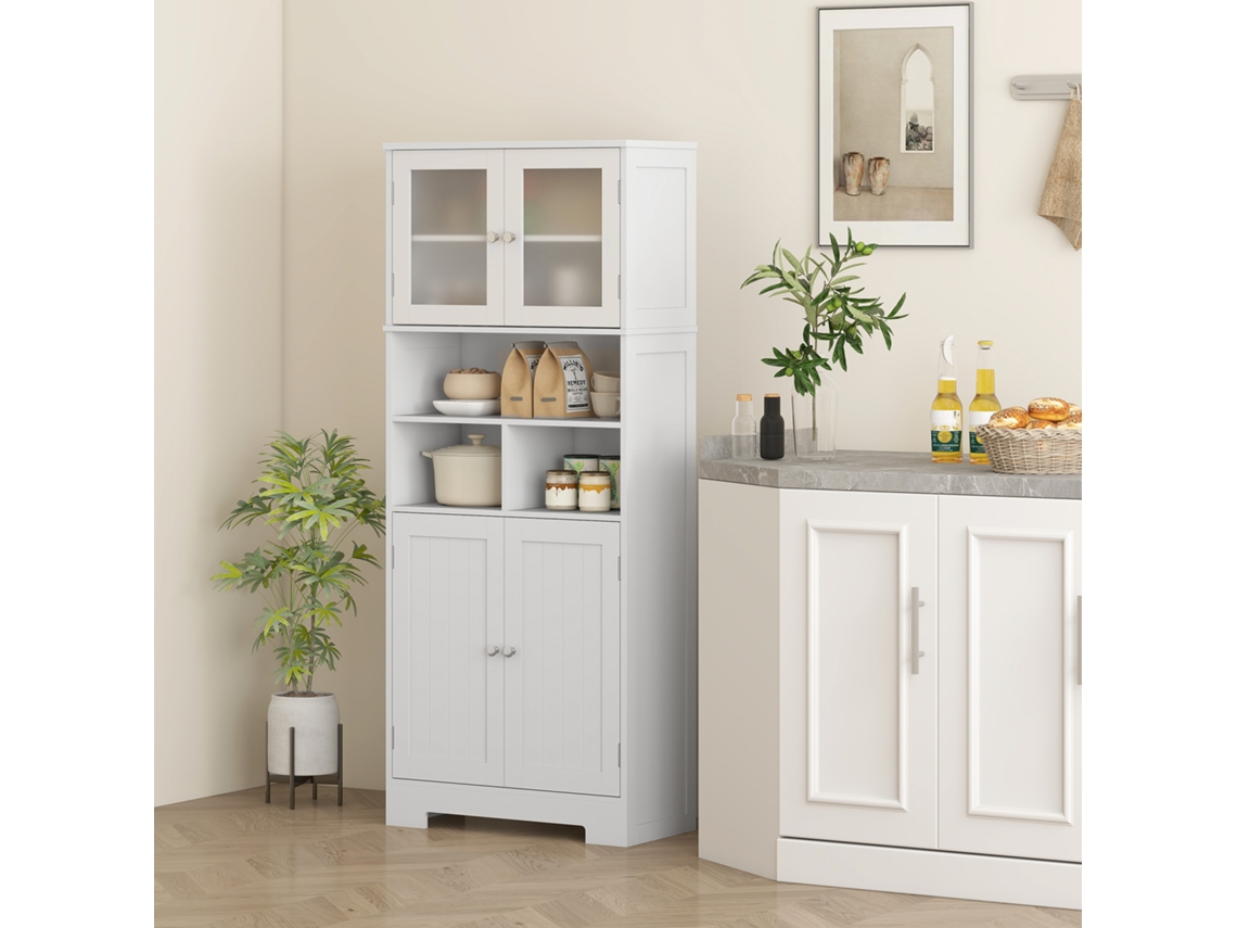 Armário De Cozinha Armário Alto De Cozinha Com 2 Portas De Vidro Prateleiras Ajustáveis 60x30x145,5 Cm Branco