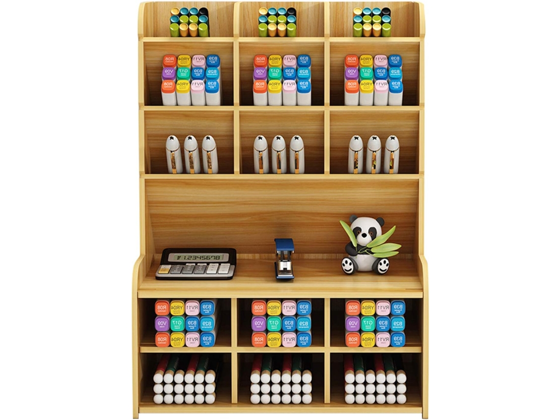 Organizador de mesa multifuncional Madeira com porta-lápis e caixa para guardar material escolar, ideal para casa.
