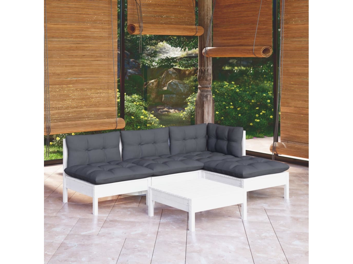 Vidaxl 5 Pcs Conjunto Lounge De Jardim C/ Almofadões Pinho Branco