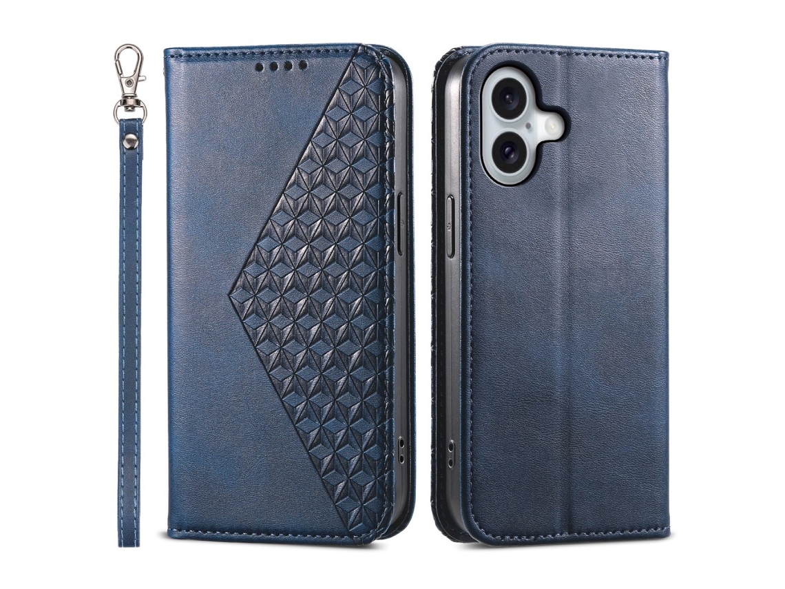 Capa Em Couro Pu Textura De Gémeo, Com Alça Para Apple Iphone 16 - Azul