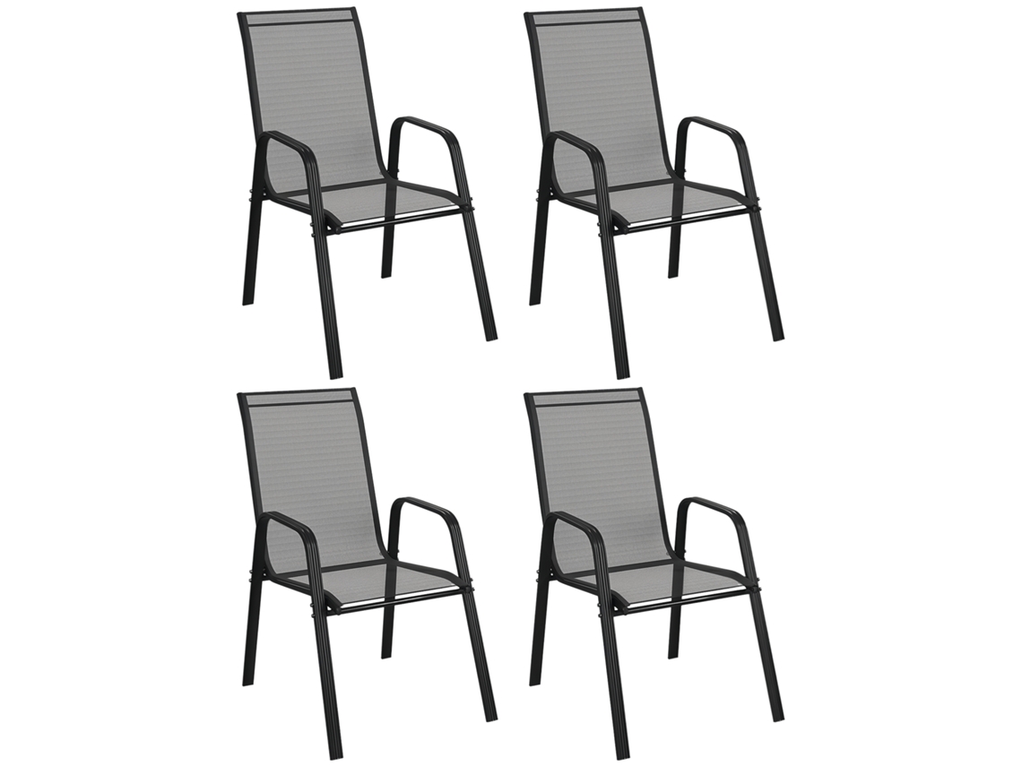 Conjunto de 4 cadeiras de jardim empilháveis e econômicas com braços de metal e tecido em rede preto BTFORUS