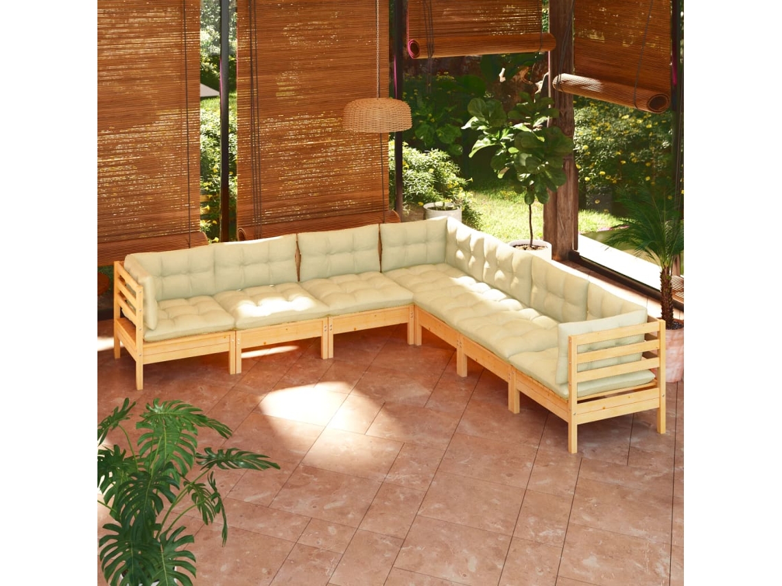 Vidaxl 7 Pcs Conjunto Lounge Jardim C/ Almofadões Creme Pinho Maciço