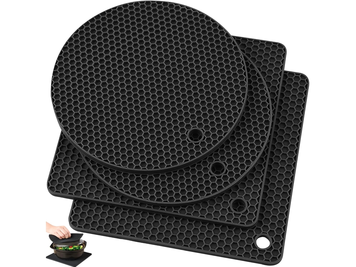 Conjunto 4 Tapetes Silicone Resistentes Calor - Pegas Panela - Base Antiderrapante - Para Panelas Quentes - Silicone - Preto