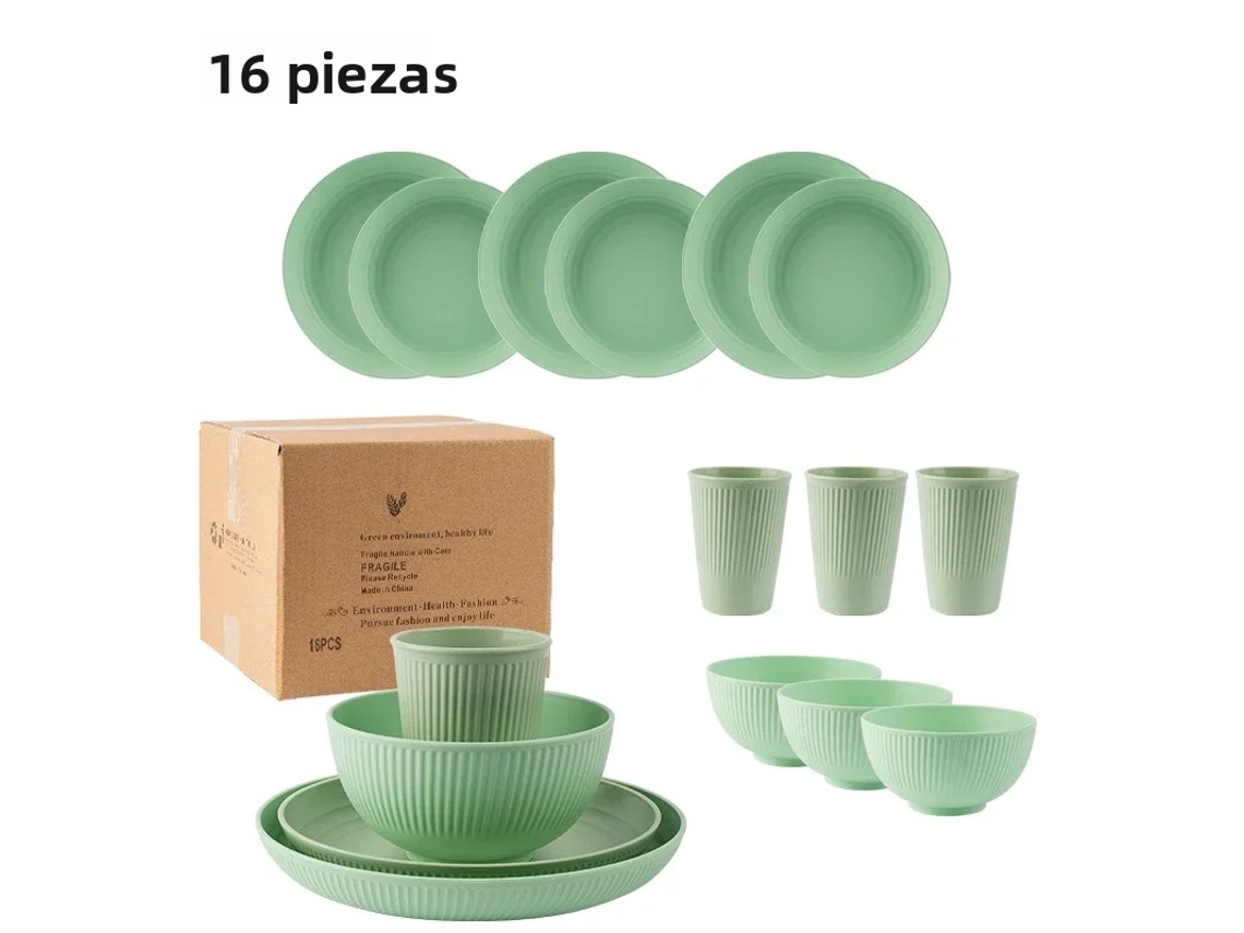 Conjunto de Talheres Portáteis Estilo Campestre com 16 Peças, Incluindo Faca, Garfo e Colher, Feitos de Plástico Ecológico. MDUG (verde)