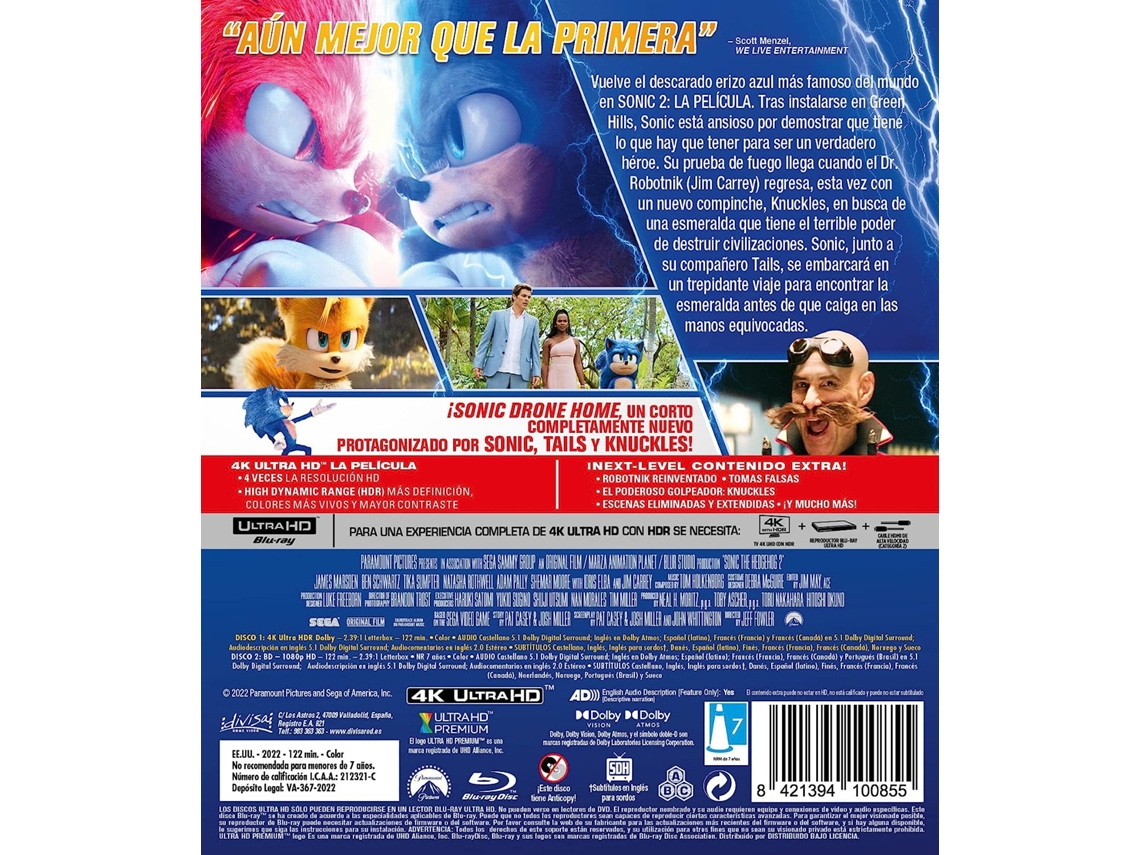 Blu Ray Sonic The Hedgehog 2 4K Ultra Hd - Sonic 2 La Película