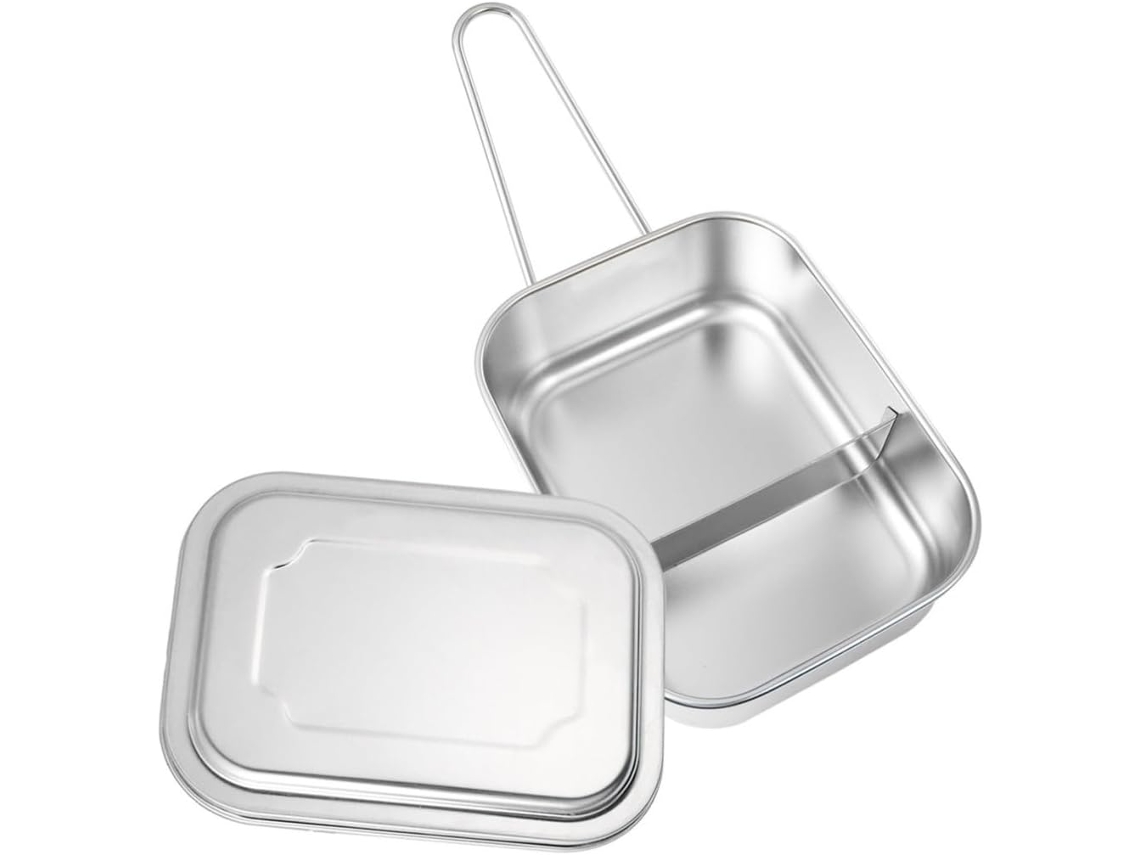 Marmita Pretyzoom Bento Com Alça Dobrável, Tampa De Aço Inoxidável E 2 Compartimentos, Grande E Quadrada, Ideal Para