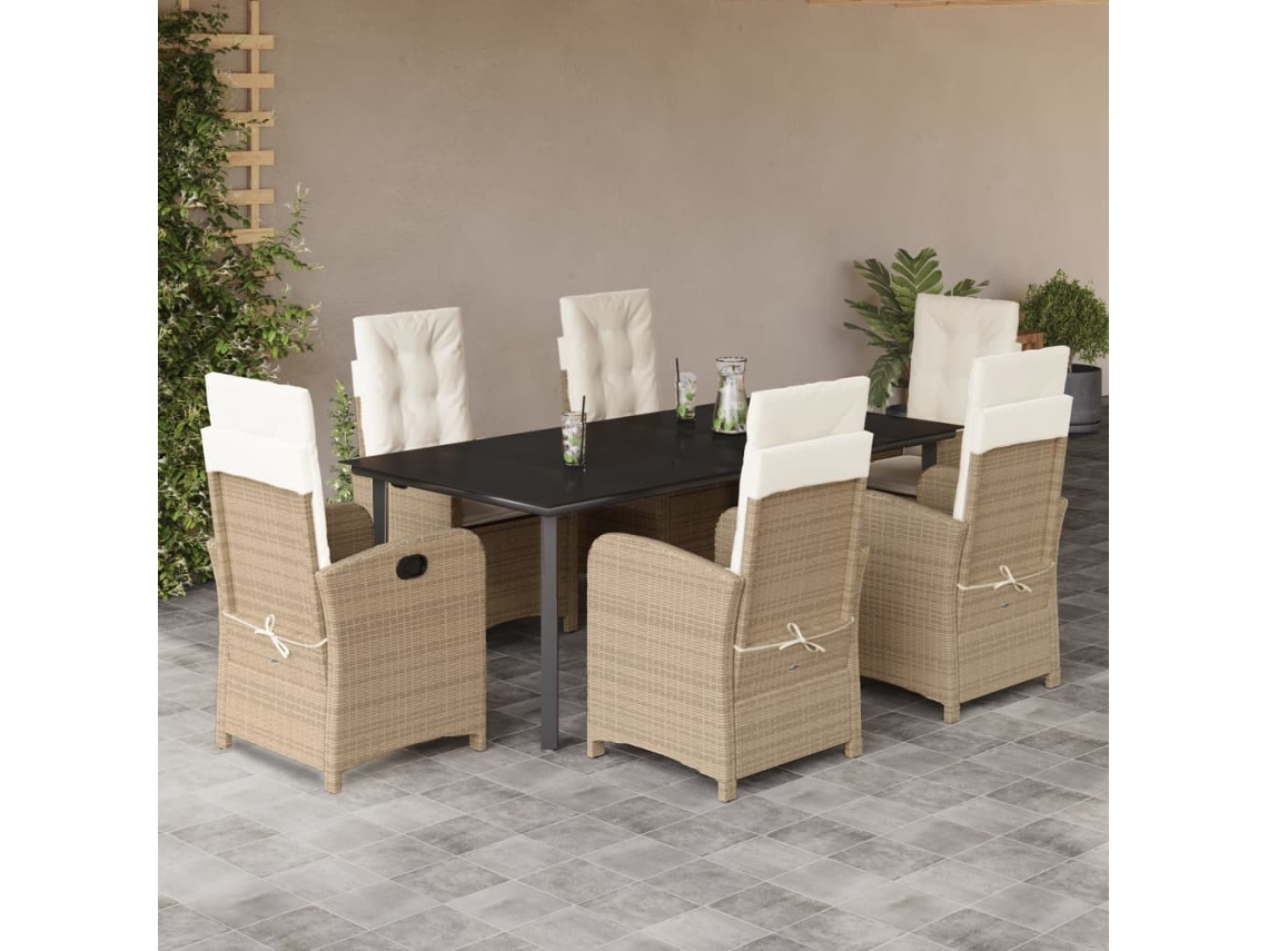 Vidaxl 7 Pcs Conjunto De Jantar P/ Jardim Com Almofadões Vime Pe Bege
