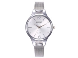 Relógio de Pulso Feminino de Quartzo com Cinto de Malha Meibo Pequeno Dial Casual Prata
