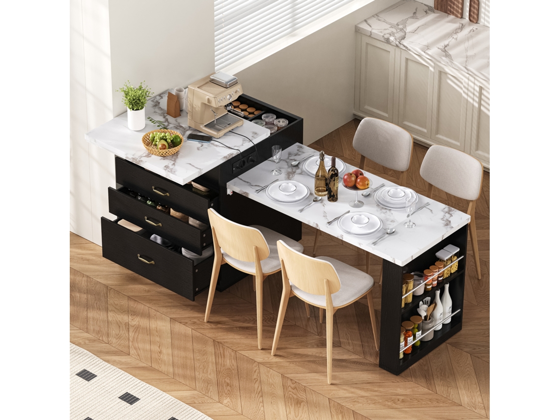 Ilha De Cozinha Móvel Extensível Com Iluminação Led E Tomadas Multifunção Preta Interior Doméstico