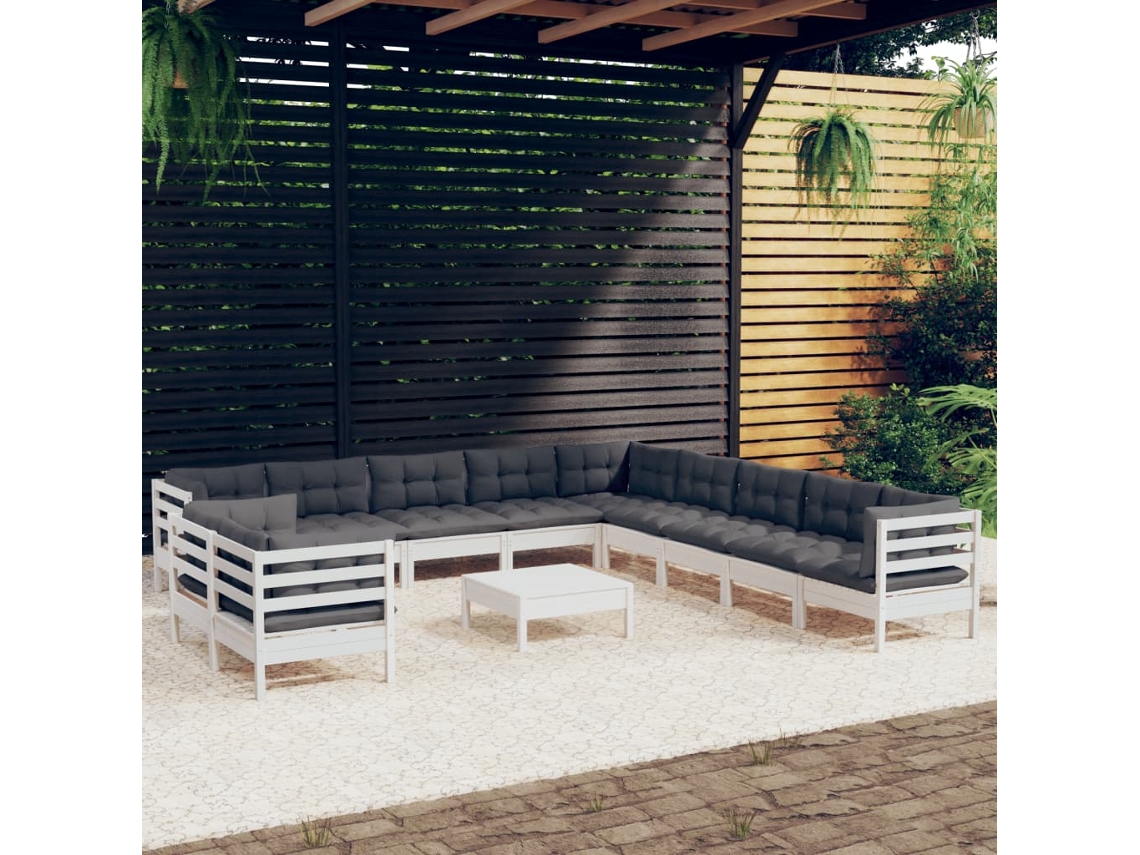 Vidaxl 12 Pcs Conj. Lounge De Jardim C/ Almofadões Pinho Maciço Branco