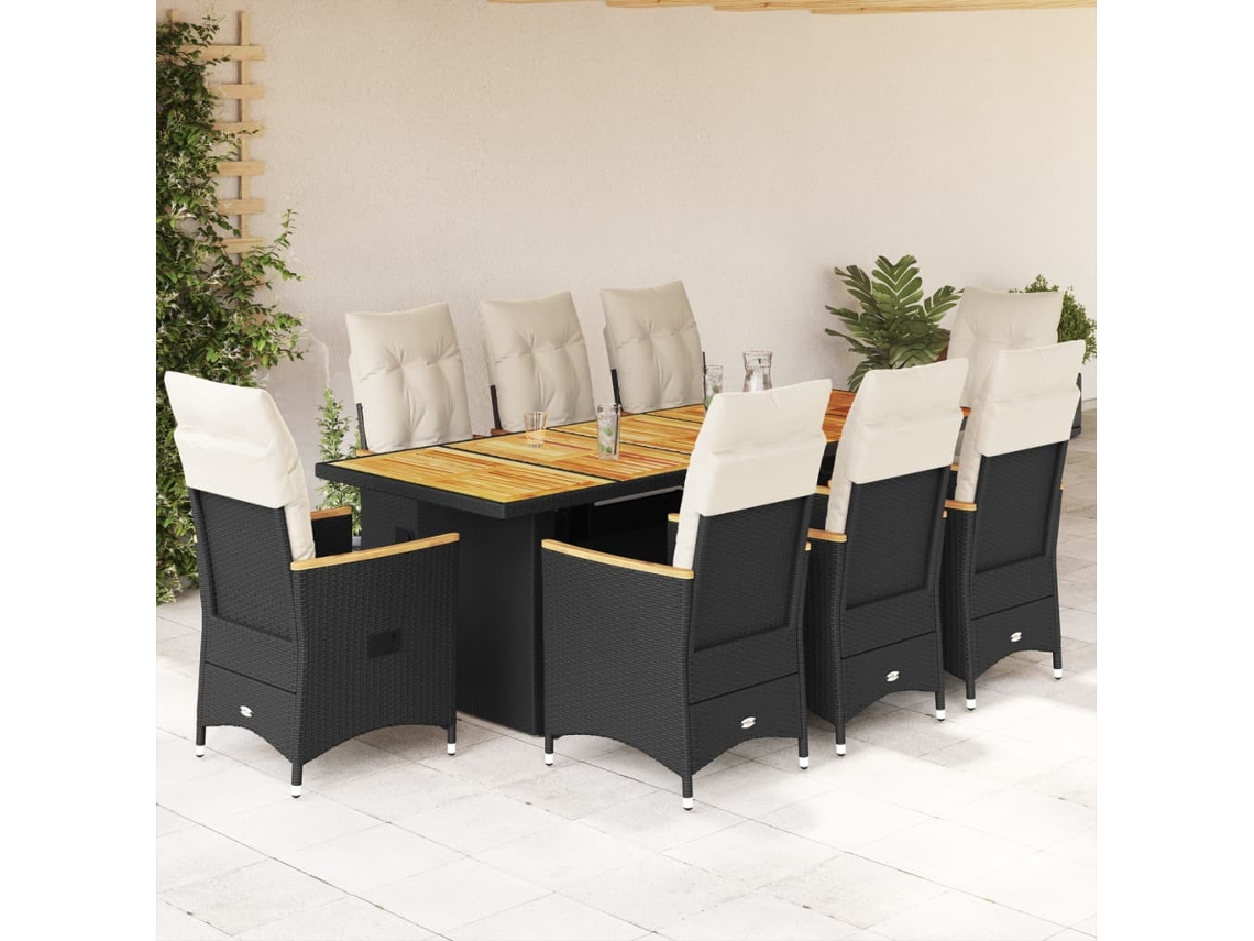 Vidaxl 9 Pcs Conjunto De Bistrô P/ Jardim C/ Almofadões Vime Pe Preto