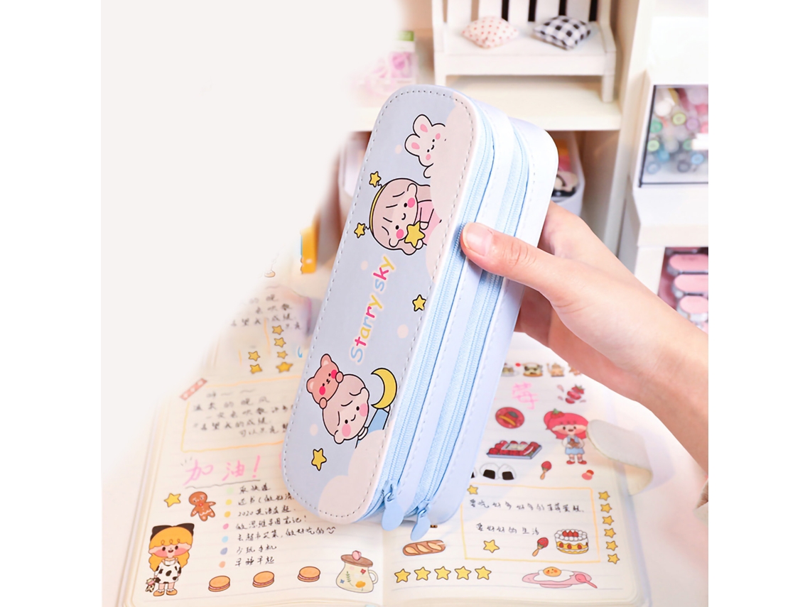 Estuche de Lápices de Doble Capa Con Gran Capacidad Estilo Simple Impermeable Anti Polvo para Niños Y Niñas Azul