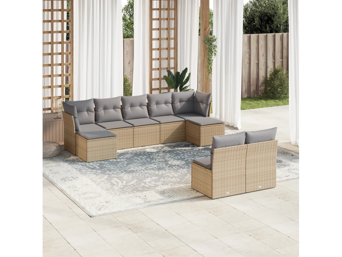 Conjunto de 9 Sofás para Jardim com Almofadas Vime Pe Bege Dkd Home Decor
