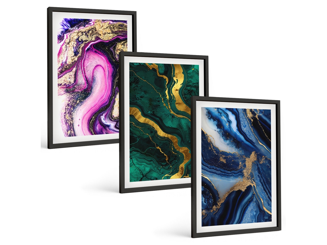 Pinturas Murais Modernas Padrões Abstratos De Rosas, Vegetação Moldura Preta Pinturas De Quarto Espelharte (3 Piezas De 40x60 Cm)