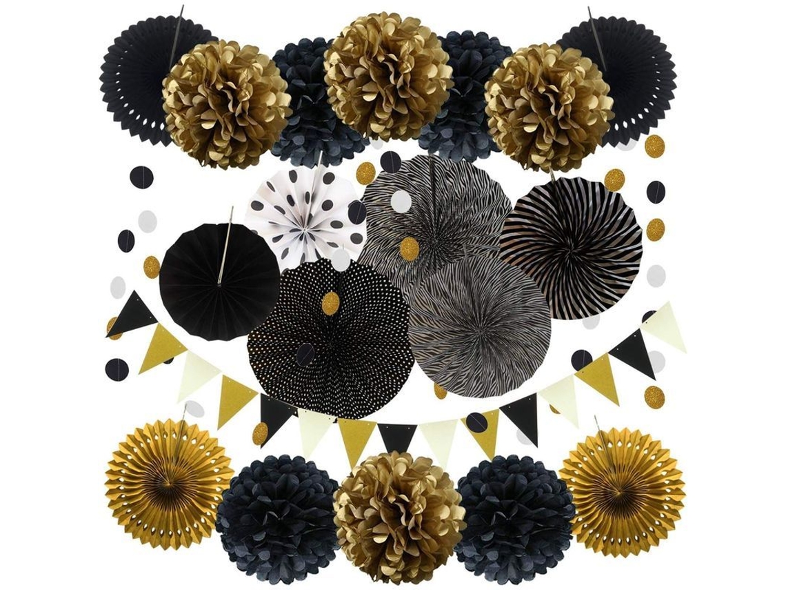 Decoração De Festa, 20 Peças Ventiladores De Papel Suspensos Preto Ouro, Pompons Flores, Guirnaldas Cadeia Pontos