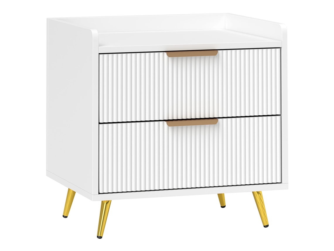 Mesa De Cabeceira Com 2 Gavetas Ranhuradas, Pés Em Metal Dourado, 50 X 40 X 50 Cm, Branco