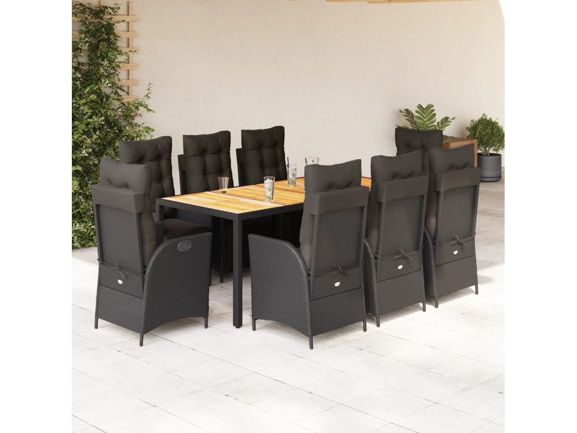 Vidaxl 9 Pcs Conjunto De Jantar P/ Jardim C/ Almofadões Vime Pe Preto