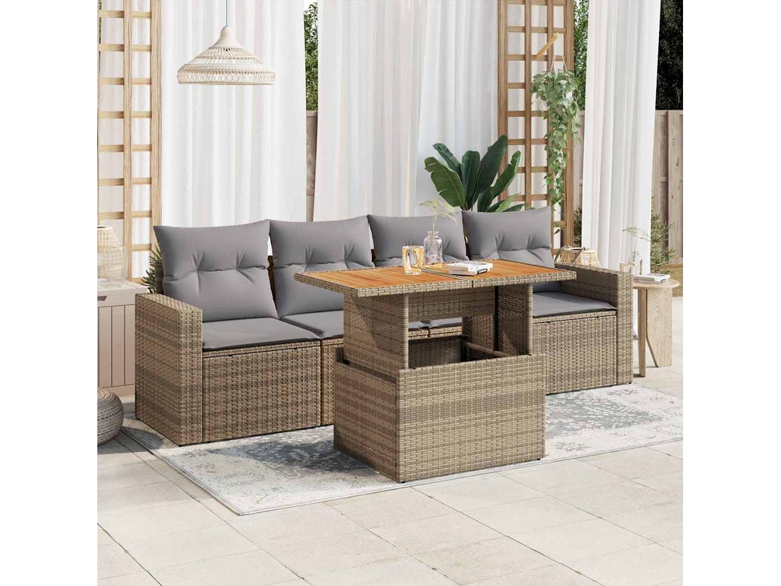 Vidaxl 5 Pcs Conjunto De Sofás P/ Jardim Com Almofadões Vime Pe Bege