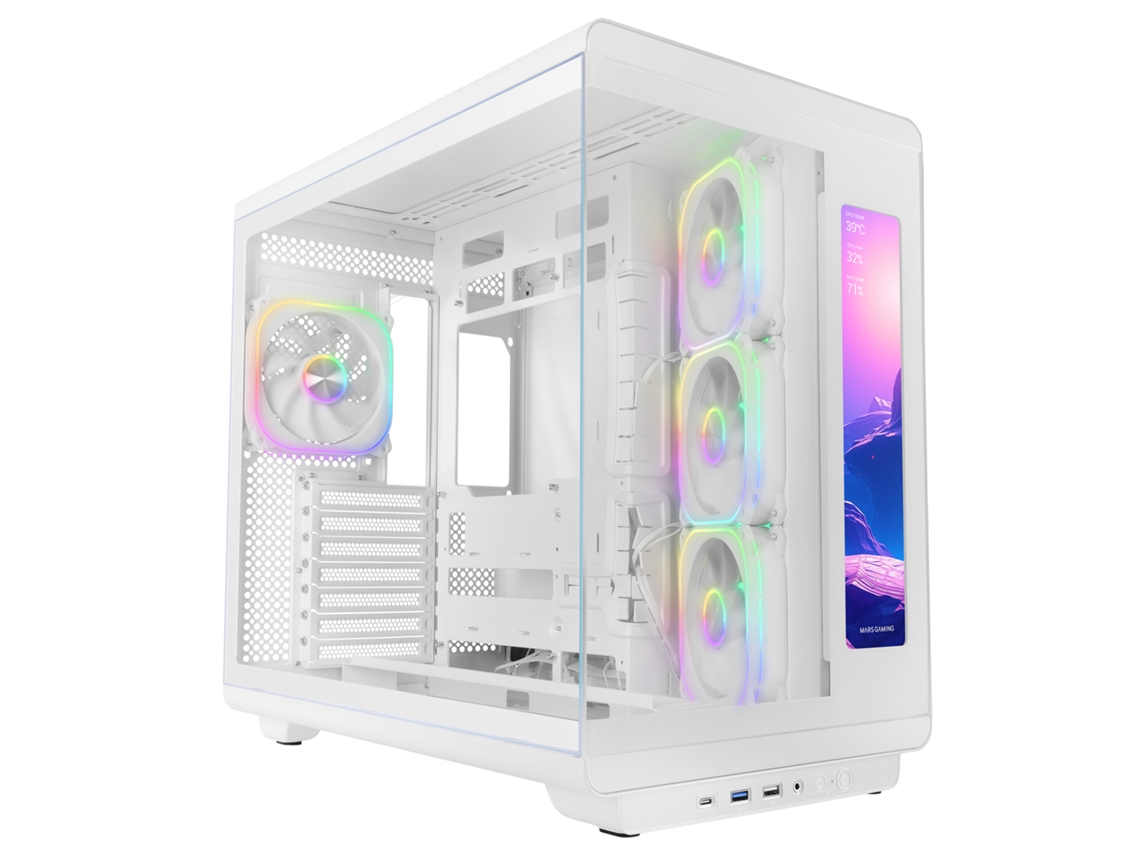 Caixa Pc Atx MARS GAMING Mc revmax Vidro Temperado, Ecrã Ips Lcd de 11,8", 4x Ventoinhas Argb, Usb c, Branco