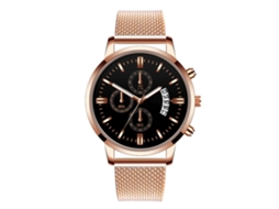 Relógio masculino casual, mostrador redondo colorido, movimento de quartzo, pulseira preta, detalhes em ouro rosa.