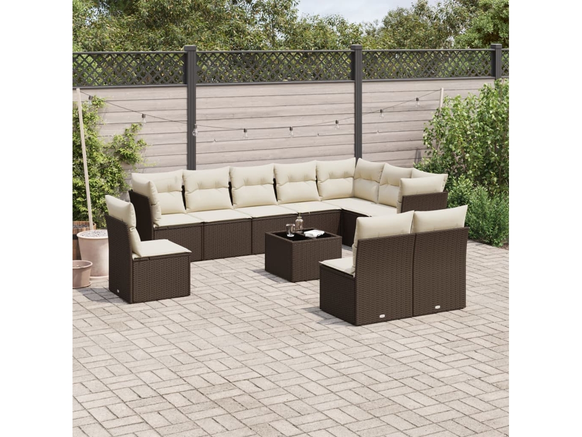 Vidaxl 11 Pcs Conjunto Sofás De Jardim C/ Almofadões Vime Pe Castanho