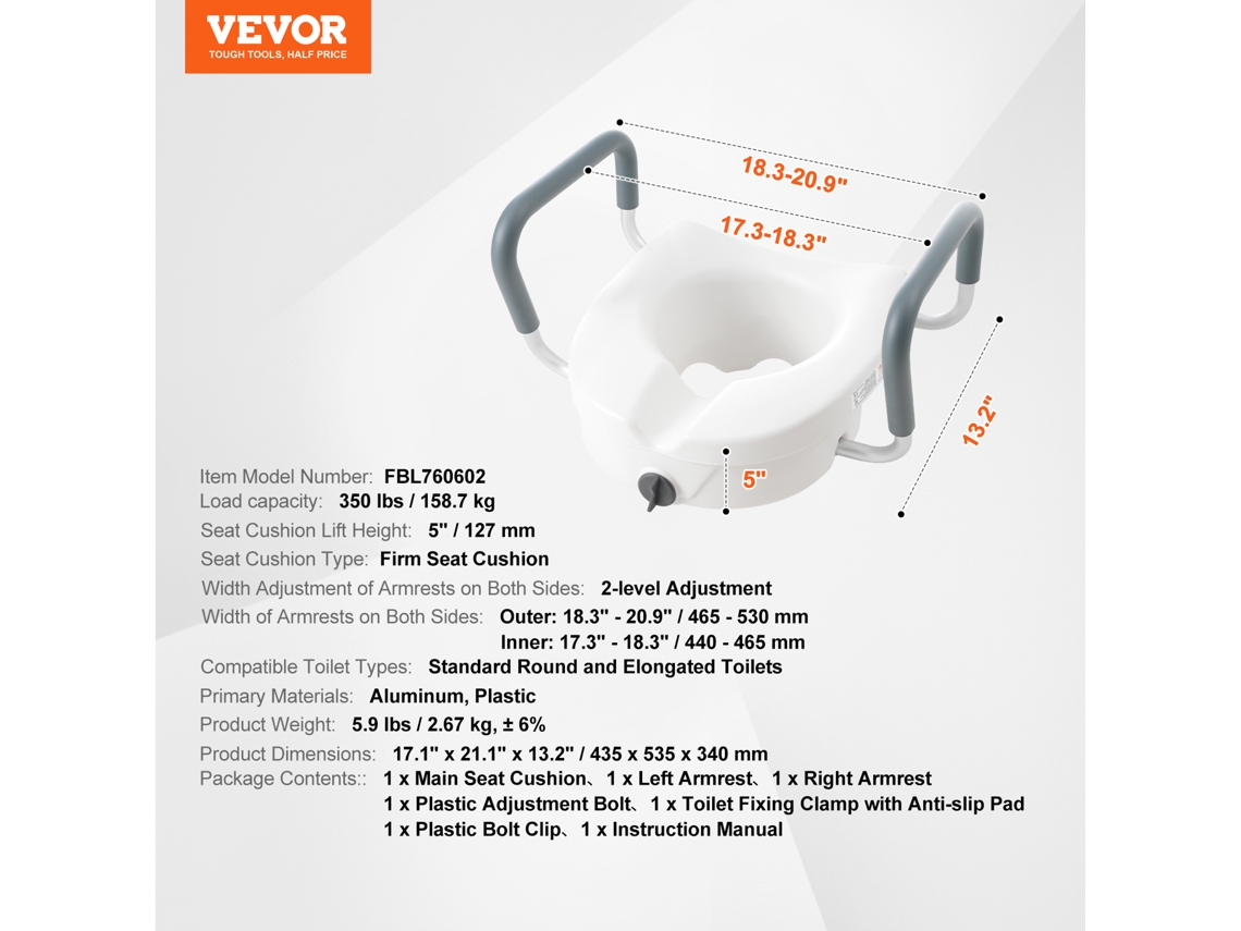Assento Sanitário Elevado VEVOR com Altura de 5 Polegadas e 350 Libras para Vaso Sanitário Redondo e Alongado