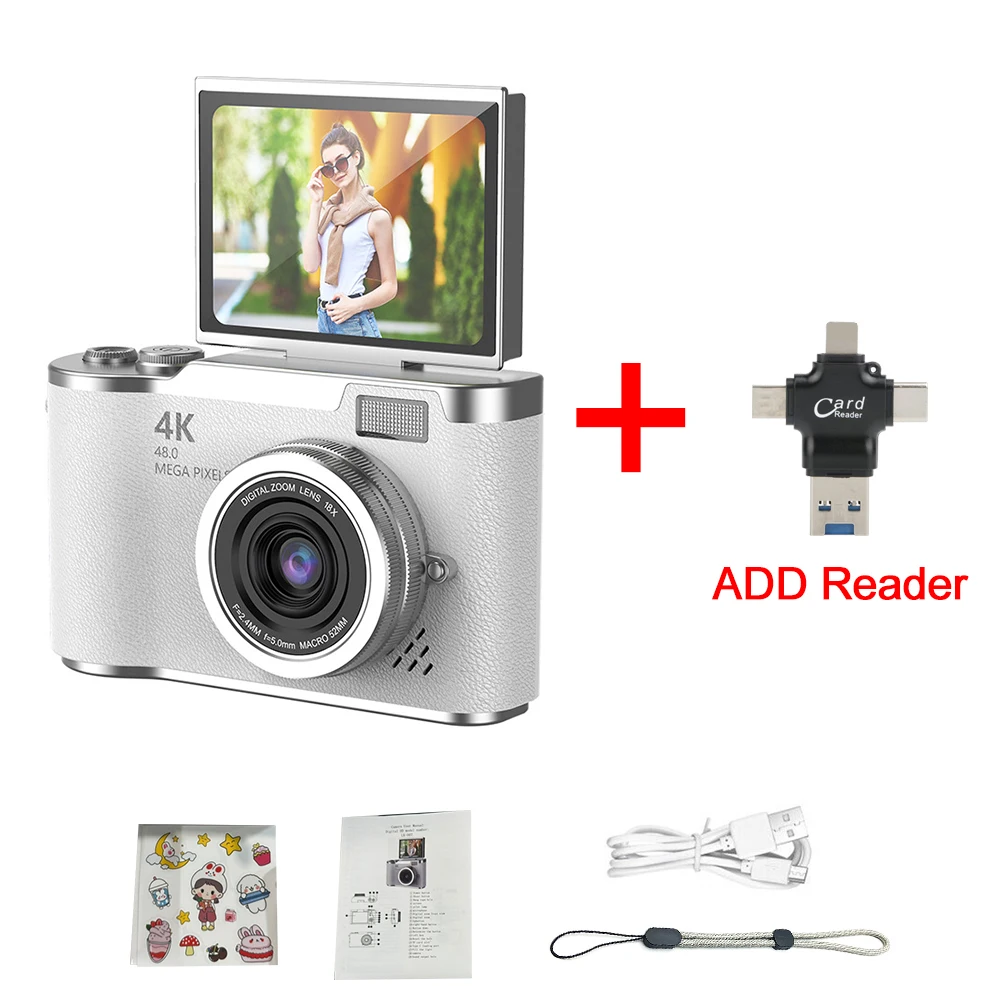 (branca Com Leitor De Cartão - 8gb) Câmera Digital 4k - 48mp - Câmera Infantil - Foco Automático - Tela De 2,4 Polegadas - Giratória Em 180°