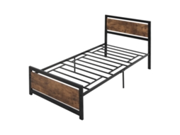 Estrutura de cama individual, madeira e aço, ripas, industrial, 97x208x103cm, Preto Marrom | S/MARCA