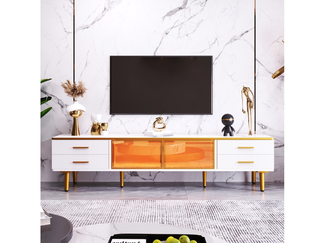 Armário Tv Mármore 170x37x47,5cm, Led, 4 Gavetas, 2 Portas Vidro.-zz