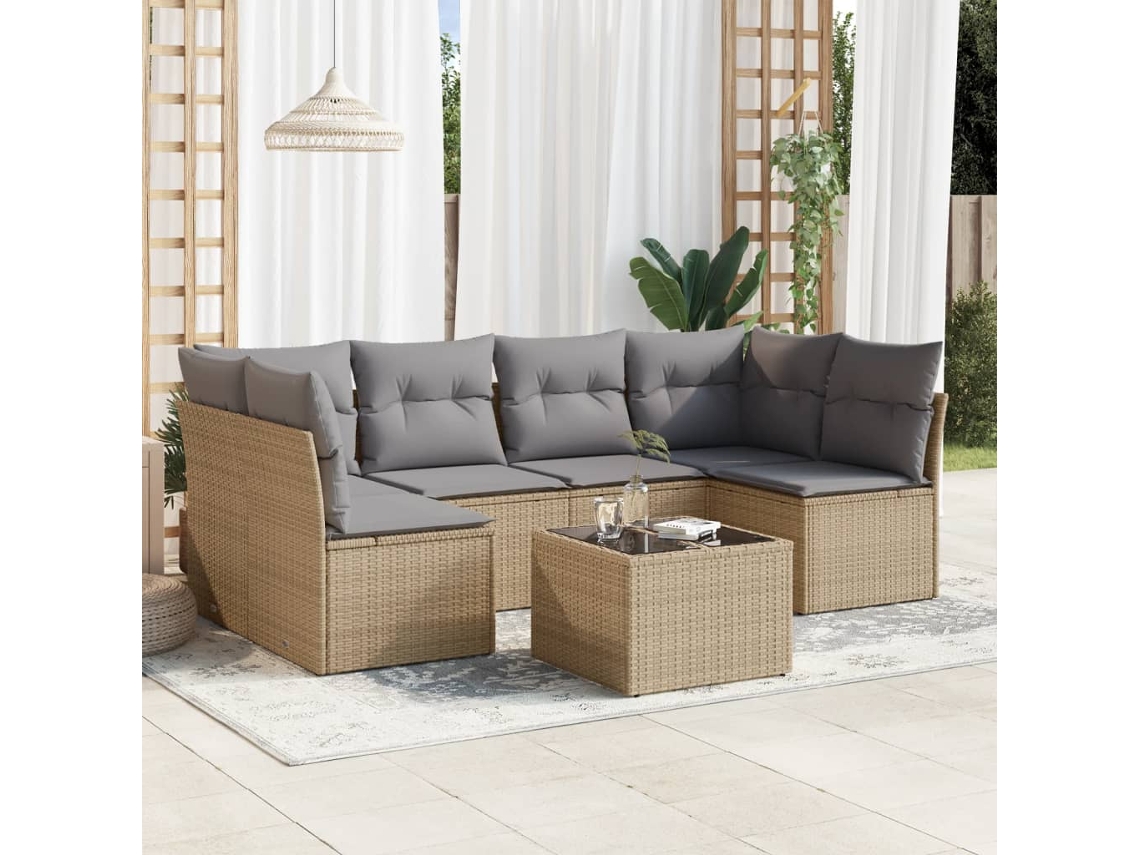 Vidaxl 7 Pcs Conjunto De Sofás P/ Jardim Com Almofadões Vime Pe Bege