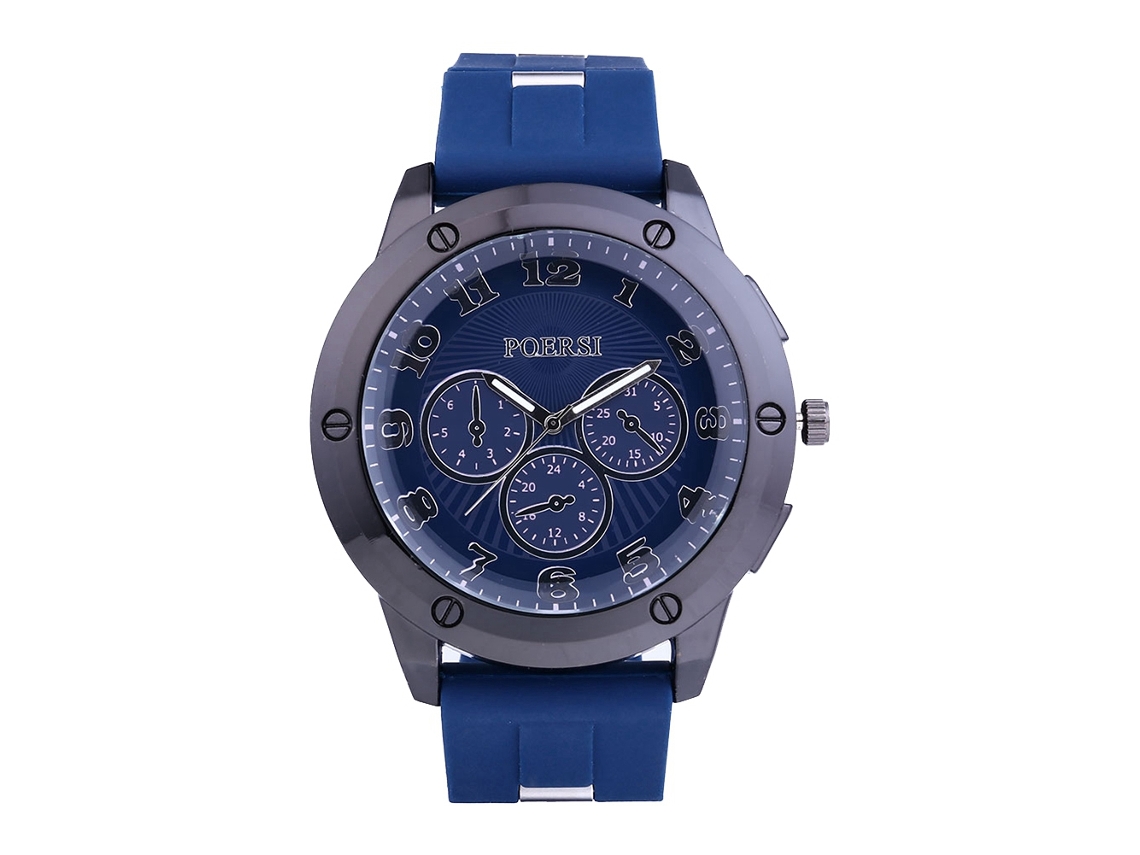 Relógio masculino de quartzo com pulseira de silicone e mostrador redondo azul royal.