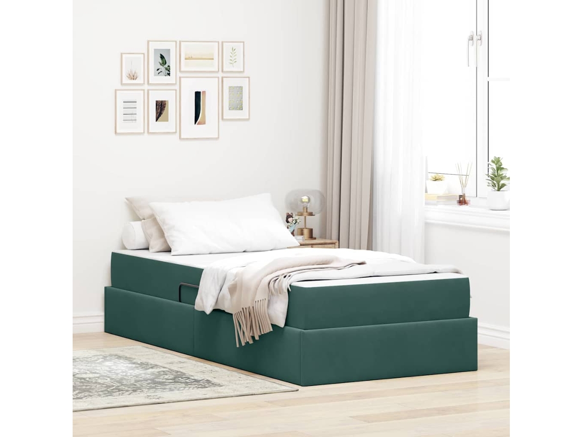 Vidaxl Cama Com Arrumação E Colchão Verde Escuro 90 X 190 Cm Veludo
