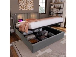 Cama Estofada 140x200cm com Led, Portas Usb, Baú, Ripas, Veludo, Cinza KOMHTOM