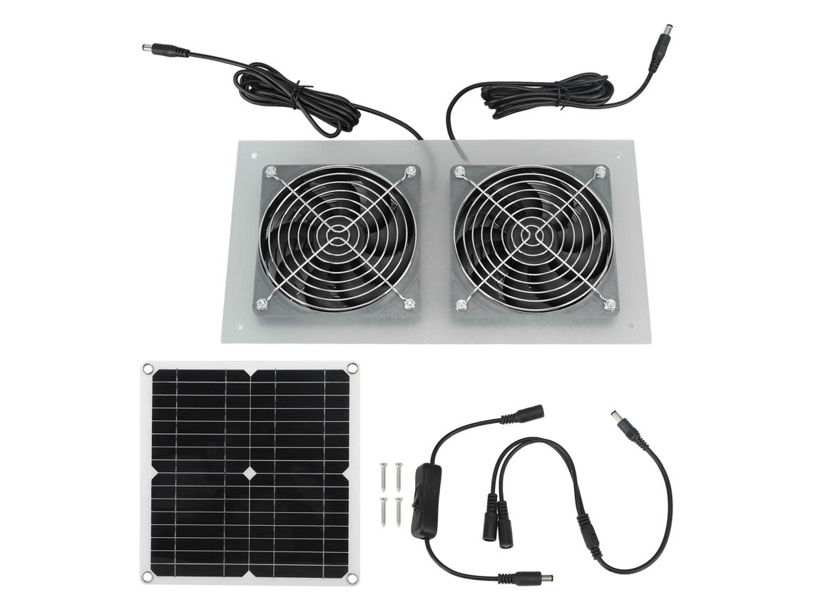 Ventilador Duplo Primerox, alimentado por painel solar 15W, IP65, para galpões, estufas, casas de animais S/MARCA