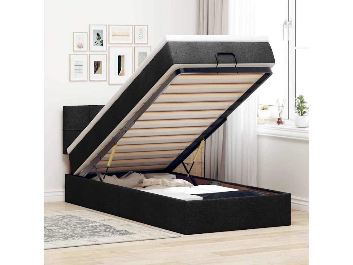 Estrutura de cama otomana com colchão preto tecido