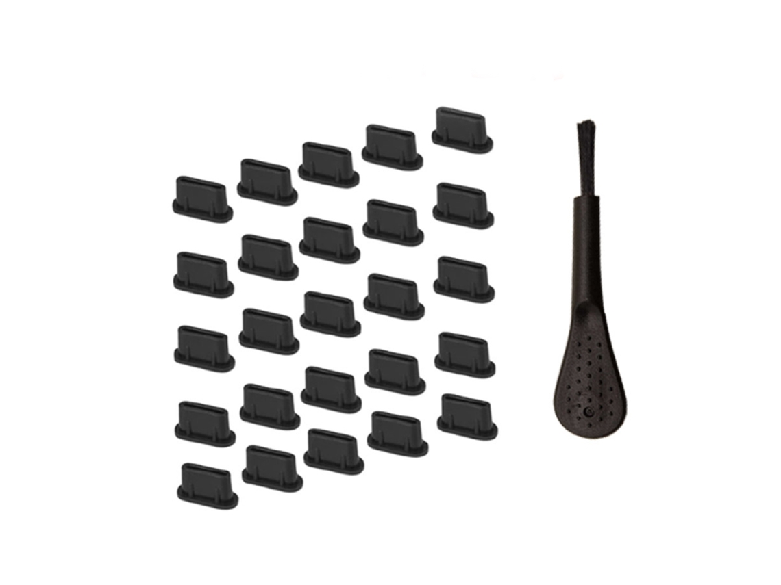 Conjunto 25 Tampas Anti-pó Para Porta Usb Tipo-c - Proteção Para Entrada De Carregamento - Com Escova De Limpeza - Plástico - Preto