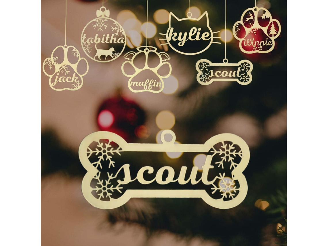 Pingente Decorativo De Natal Em Madeira Com Pata De Gato E Cão
