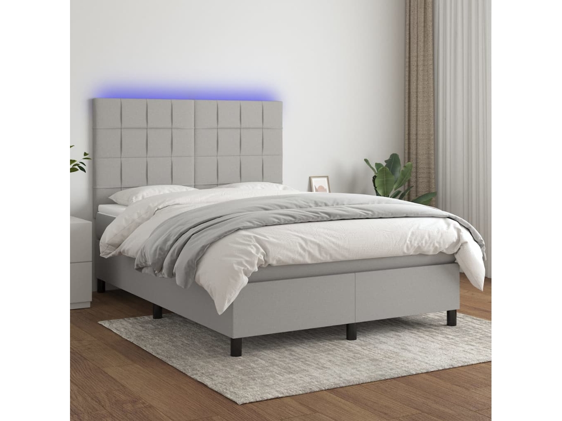 Vidaxl Cama Box Spring C/ Colchão E Led 140x200 Cm Tecido Cinza-claro