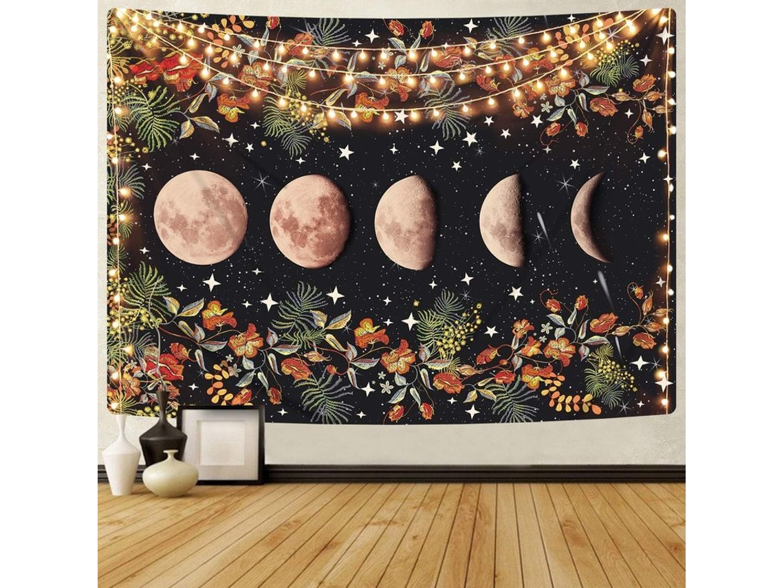 Tapiz De Jardim Com Lua, Fases Lunares E Vinhas Florais, Fundo Preto, Para Decoração De Interiores