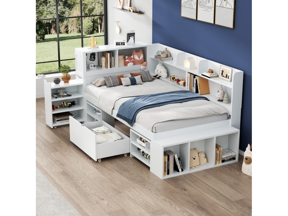 Cama Infantil 90x190cm Gavetas, Prateleiras, Multifuncional, Ripas, Branco KOMHTOM
