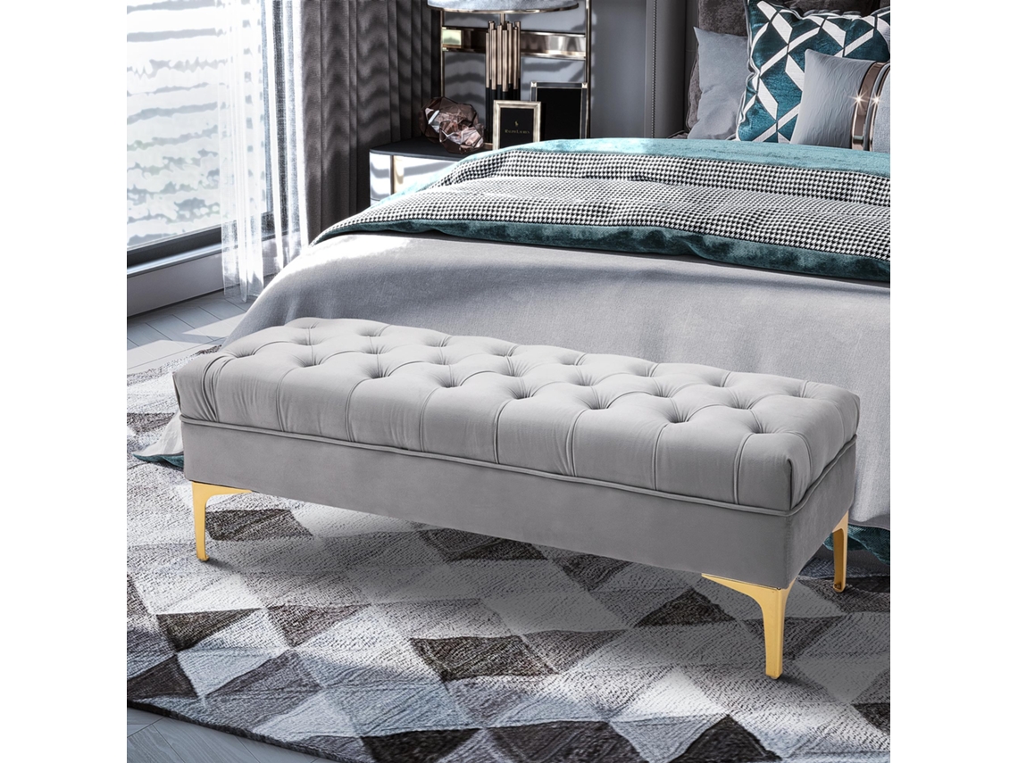 Banco De Cama E Sapateira Com Pernas Altas Em Veludo Cinza Claro 118x45x42cm Para Quarto E Corredor Liptaptyn