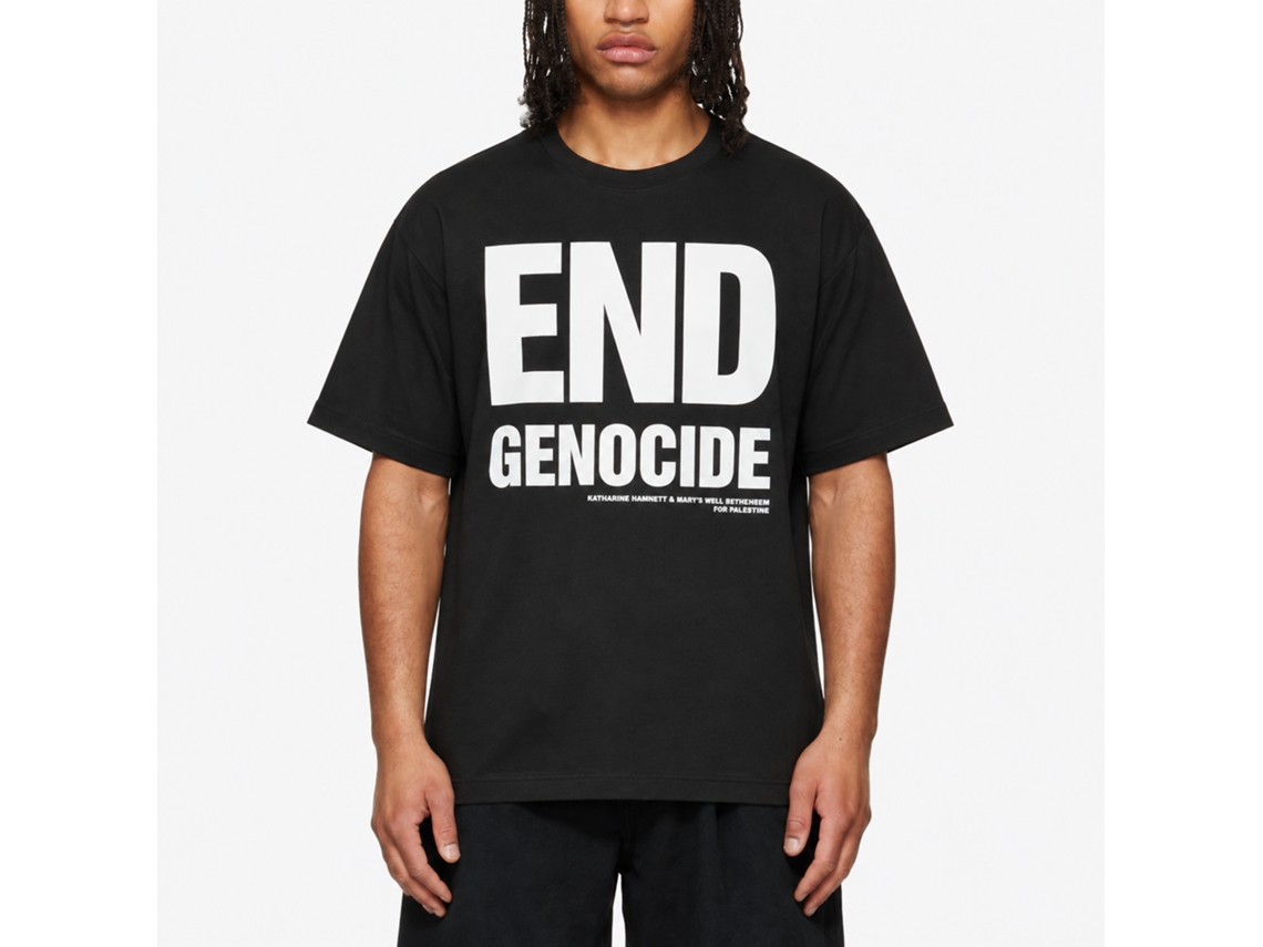 Camiseta preta Rockinstone End Genocide Katharine Hamnett Mary's Well com design exclusivo de designer.