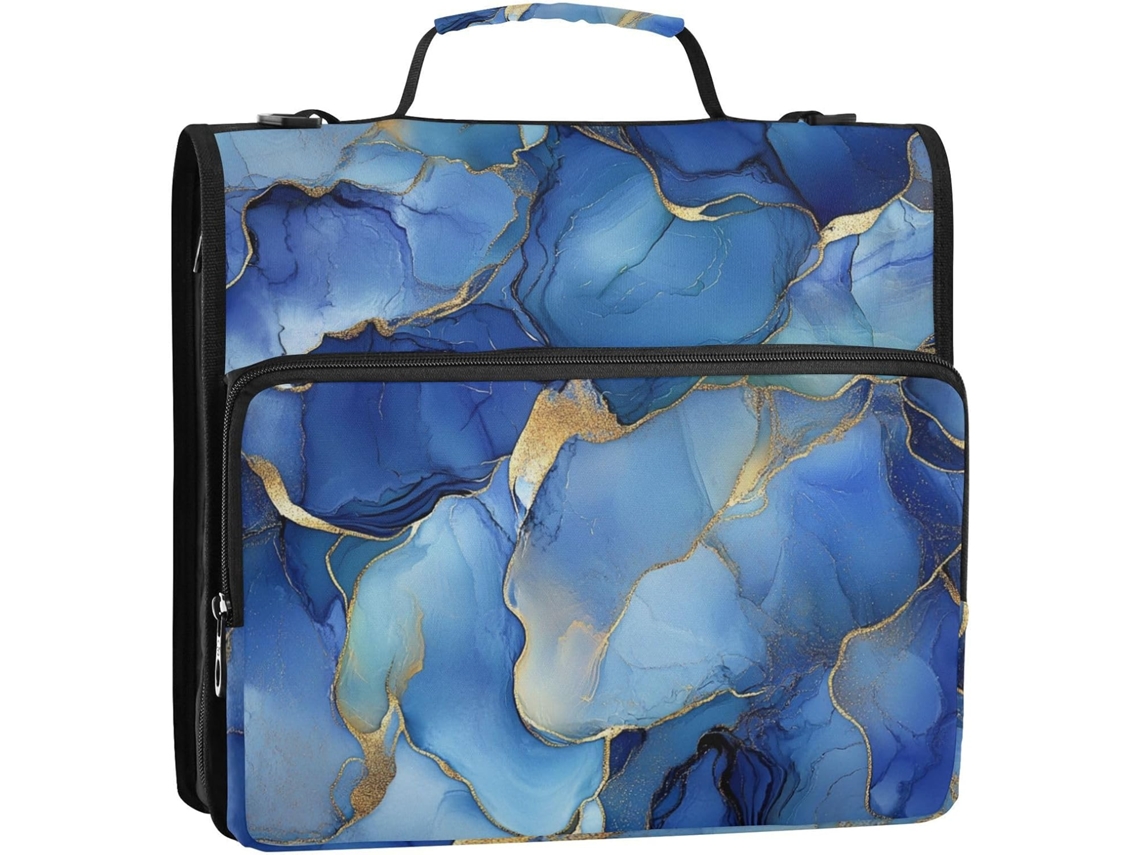 Organizador de Mesa Mármore Azul Royal e Prata com 3 Argolas, Alça Vários Bolsos, Ideal para Estudantes Meia i