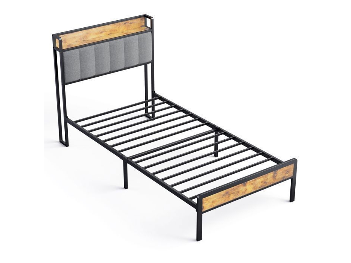 Cama estofada em metal - Cabeceira em madeira - Cinza claro - 90 x 200 cm