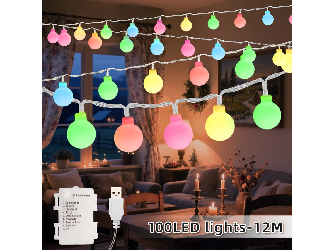 Conjunto de 1 Cordão de Luzes Esféricas com 100 Leds Brancos em Formato Bola, Alimentado por Usb/bateria, 8 Efeitos de Luz, Temporizador BRILVIBERA