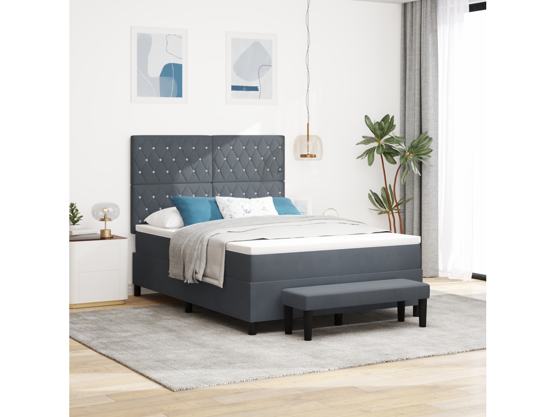 Cama Box Spring Com Colchão E Banco Cinza Escuro 160x200 Cm Veludo